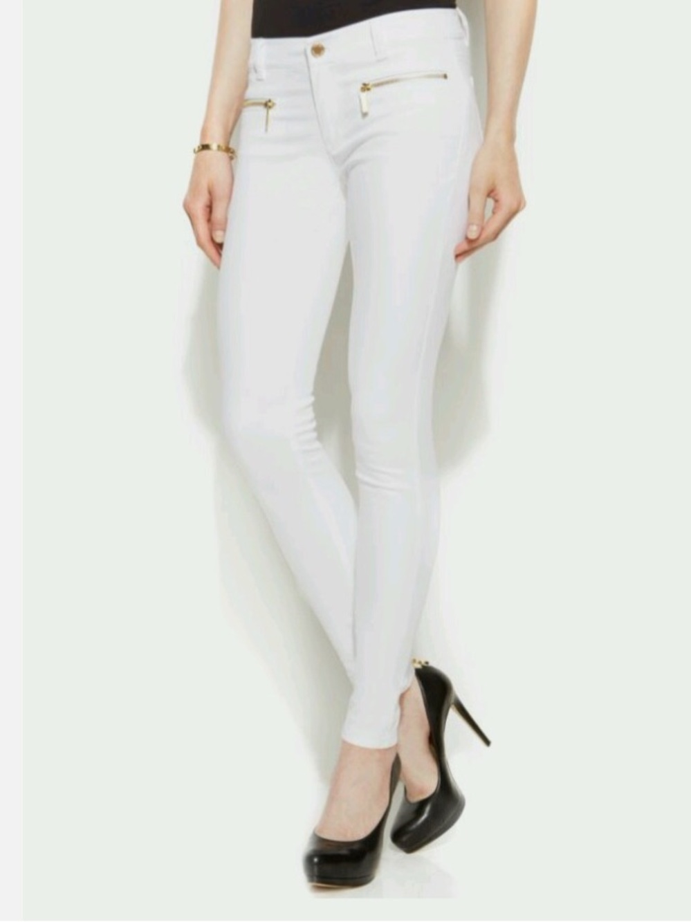 Michael Kors Women's White Skinny Jeans with Front Zip Accents 98% Cotton 2% Spx